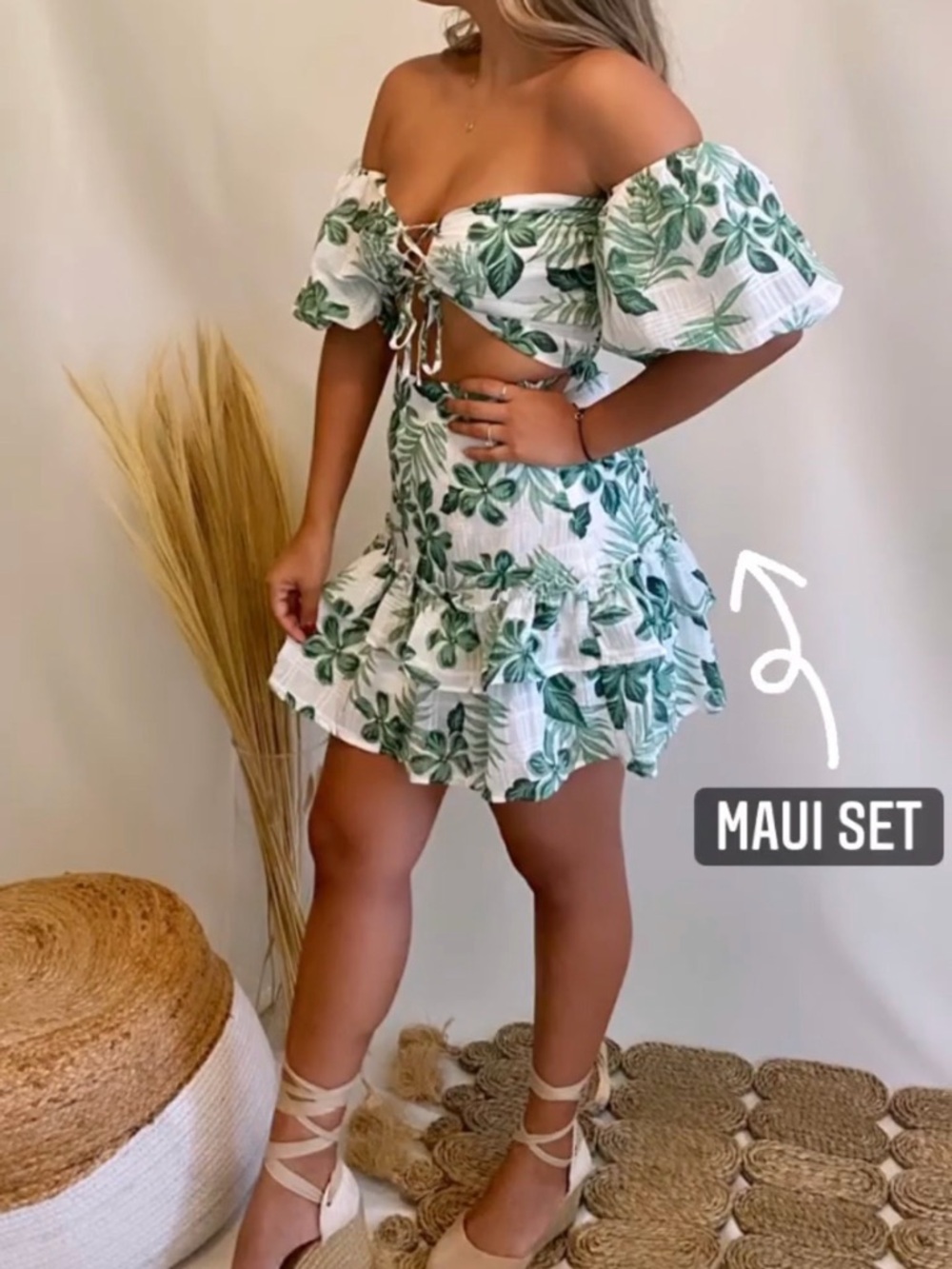 Maui Set Green Leaf Mini Skirt - Tropical Print